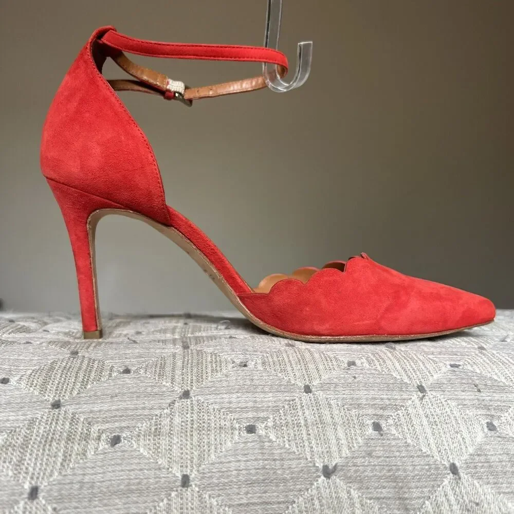 Minelli Spain Red Suede Scalloped Edge Pump Heel Ankle Strap Women EU 38 US‎ 7.5